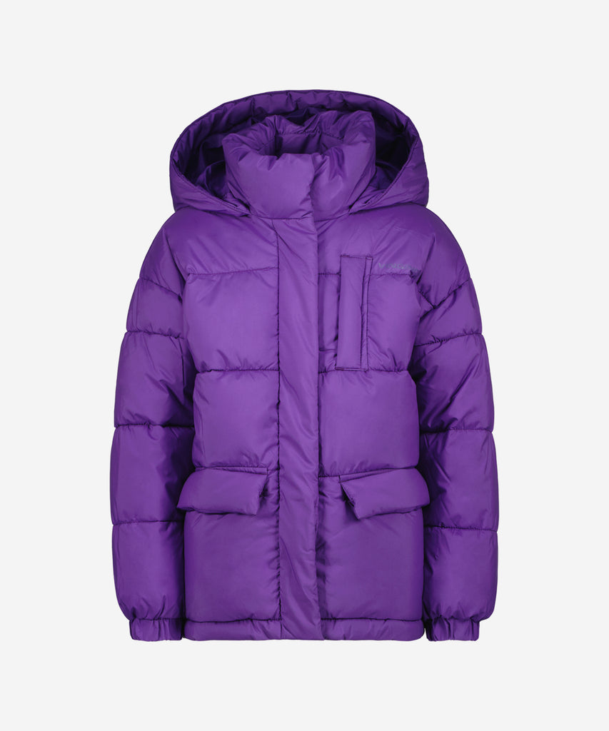 Details: Water repellent winter outdoor jacket.The bold, purple color accent gives this jacket a unique look, and the compartments add a sporty twist. The hood and the elastic trim at the wrists will keep you nice and warm. Pockets and zip closure. WATER REPELLENT.  Color: Purple stone   Composition:  100% Polyester   