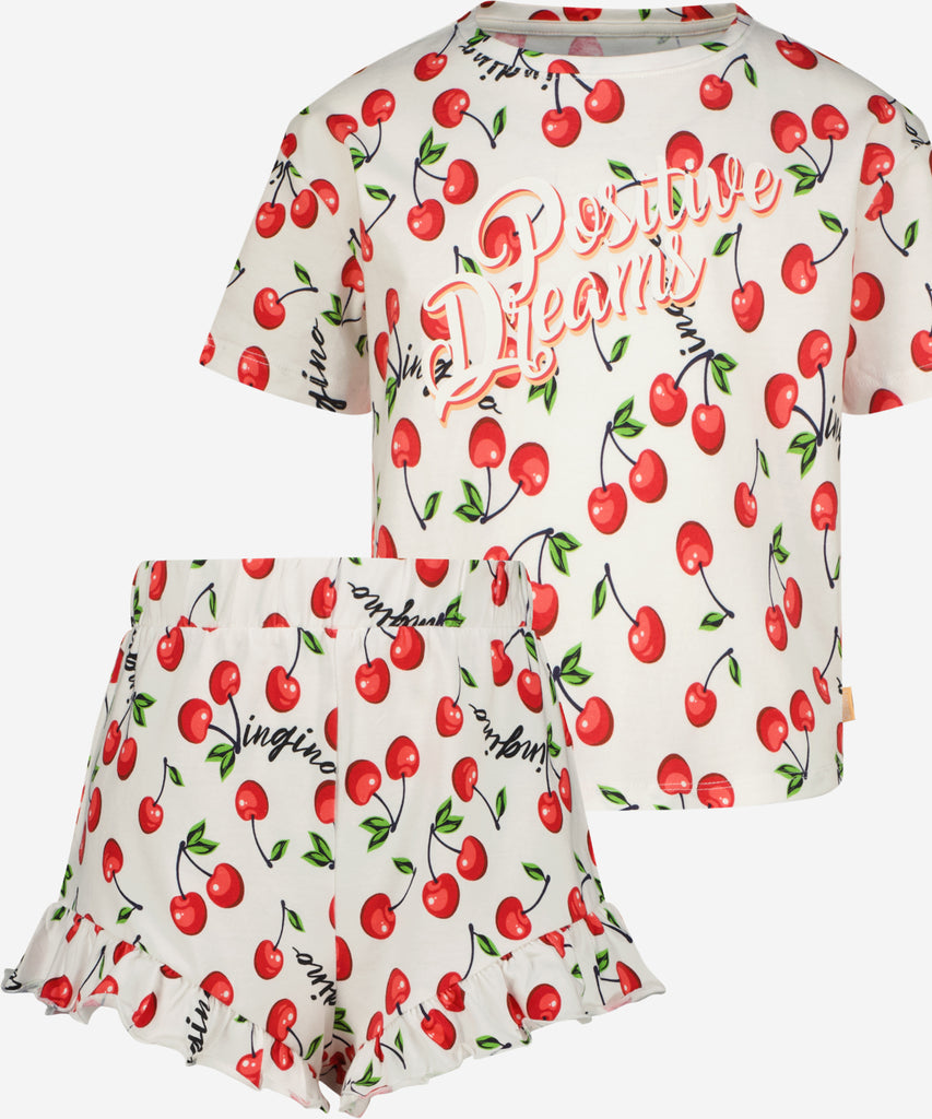 <strong>Details:</strong> Comfy short sleeved pyjama t-shirt and bottom with all over cherries print and a ruffled leg-line. Elasticated waistline.&nbsp;<br><strong>Color:</strong> White&nbsp;<br><strong>Composition:</strong> 95% organic cotton / 5% elastane&nbsp;<br><strong>Sizing Vingino:</strong>&nbsp;M-128/140, L-146/152, XL-158/164, XXL-170/176