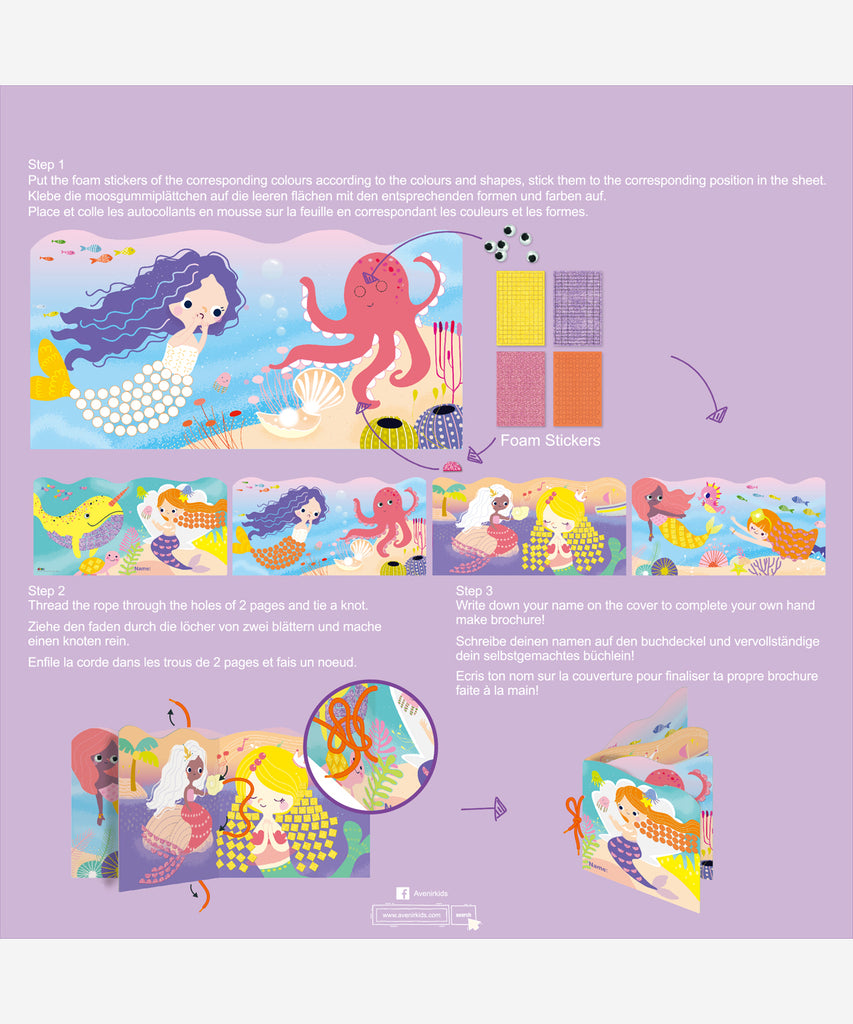 AVENIR   Mosaic Junior Pixelation Art -  Mermaids   A fun DIY activity for kids. Create colourful wild animals mosaics! Large foam stickers make it easy to achieve a great work of art – simply peel off the backing and match up the colours and shapes for a result to be proud of.  Children can improve their coordination and perception of colour by matching the foam stickers with the correct colours and shapes.  Age: 3+ Contains: 2 Mosaic Sheet, 600+ Foam Sticker, Plaistic eyes, 1 tape