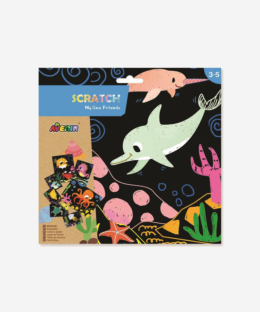 AVENIR Scatch Cards Sea Friends  The amazing brightly coloured scratch art by Avenir is sure to keep little ones entertained. Scratch the special black paper to create beautiful bird designs. Avenir scratch is more than just scratch, it offers DIY experience and fun for kids.  Contains: 8 diff. scratch cards. 1 wood scratch tool. Age: 3+ Composition: coated cardboard, 