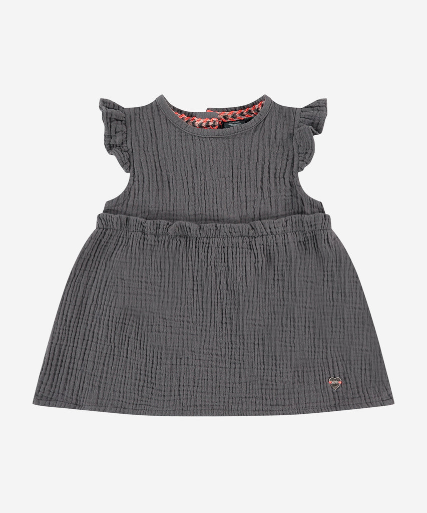 Details: Short sleeve dress with frills. Button closure on the back.  Color: Grey  Composition: 100% cotton 