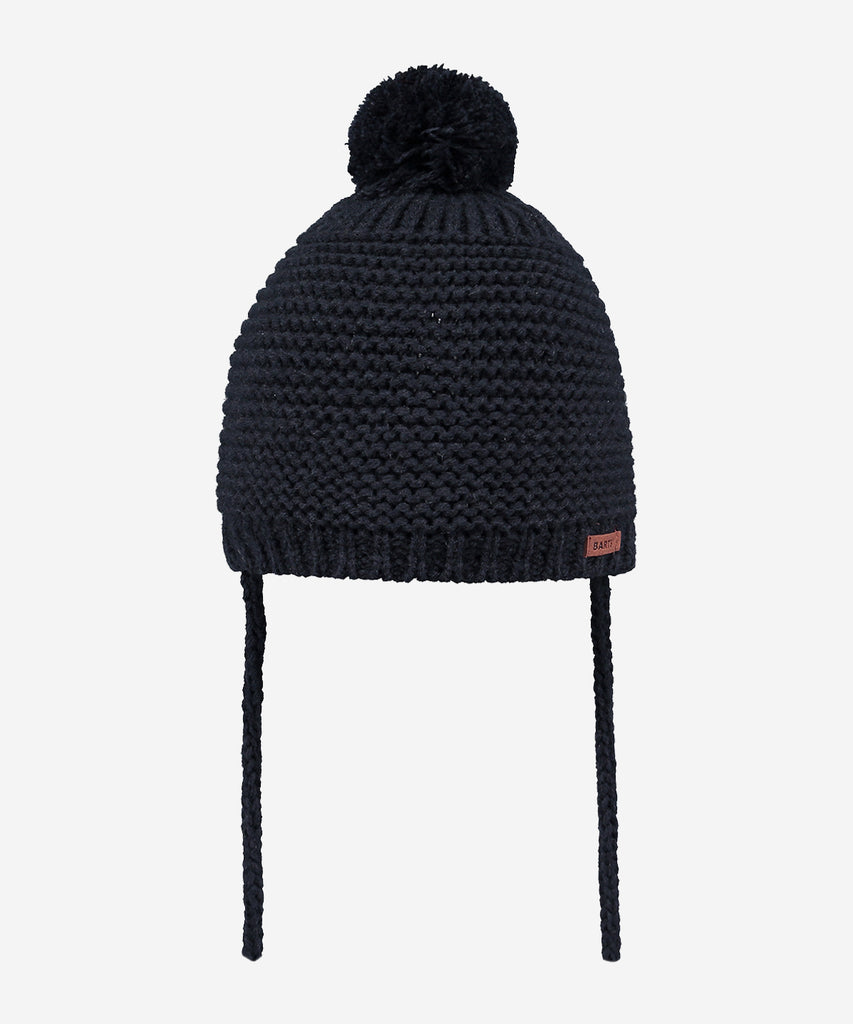 Details: The Brodey Beanie has a pom, narrow turn-up and drawstrings on the sides. This beanie is made of a stretchy knit and is lined with fleece.  Color: Navy Blue  Size:  45 = 3-12 months  Composition:  60% Acrylic 40% Polyester 