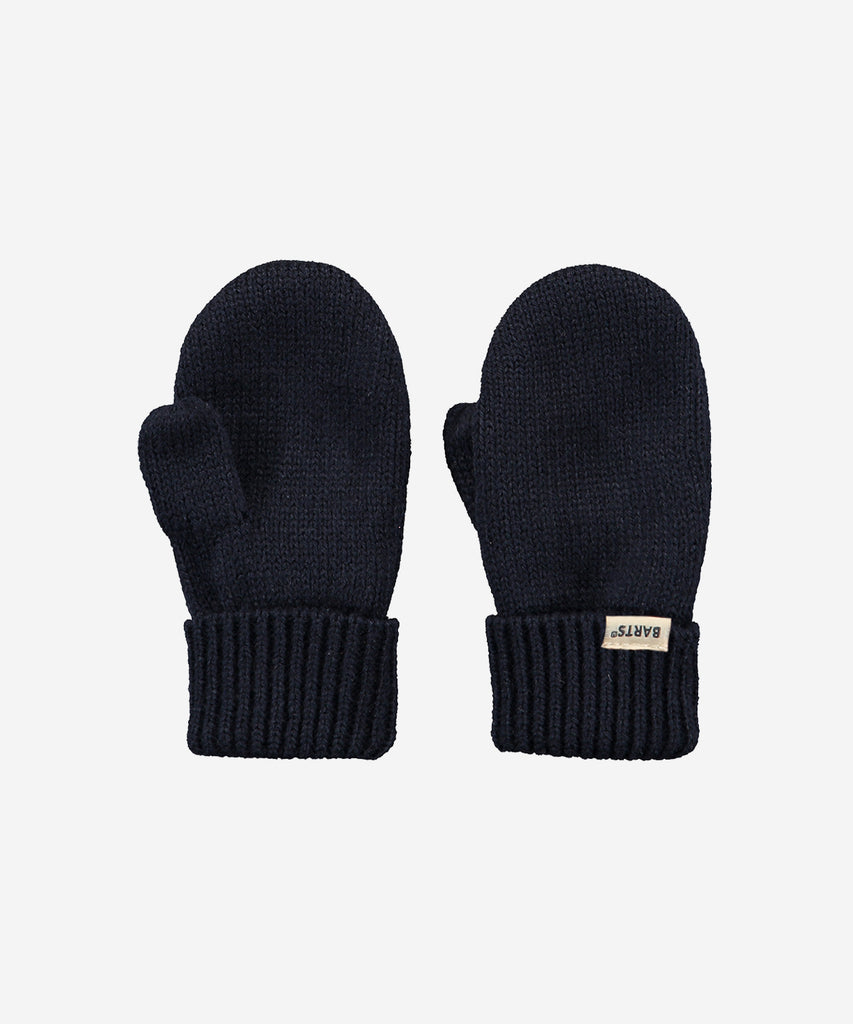 Details: Knitted mitten gloves, lined with fleece and a "don't loose them cord" attached which can also be removed with a clip. Color: navy blue   Size:  0 = 0-12 months (no thumb) 1 = 1-2 years (with thumb) 2= 2-3 years (with thumb) Composition:  90% Acrylic 9% Cotton 1% Elastane