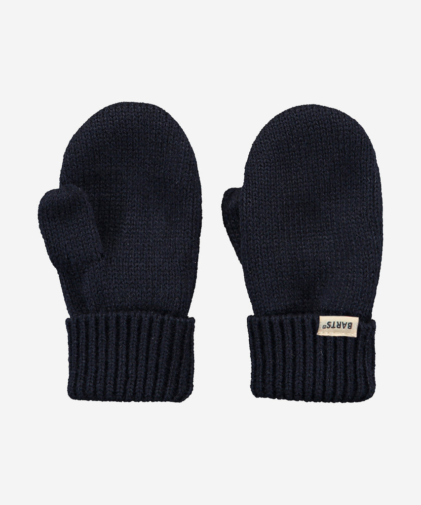 Details: Knitted mitten gloves, lined with fleece and a "don't loose them cord" attached which can also be removed with a clip. Color: navy blue   Size:  0 = 0-12 months (no thumb) 1 = 1-2 years (with thumb) 2= 2-3 years (with thumb) Composition:  90% Acrylic 9% Cotton 1% Elastane