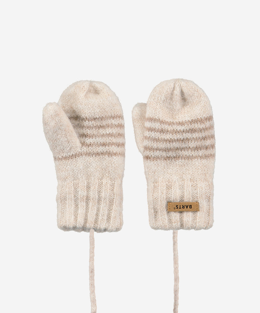 Details:The Rylie Mitts are fine knitted mittens that are lined with soft fleece. Size 1 and size 2 have a thumb and a handy 'don't loose 'm cord'. These mitts can be perfectly combined with the Rylie Beanie and Rylie Scarf.  Color: Light Brown  Size:  0 = 0-12 months (no thumb)  1 = 1-2 years (with thumb)  2= 2-3 years (with thumb)  Composition:  67% Acrylic 25% Polyamide/Nylon 5% Polyester 3% Elastane  
