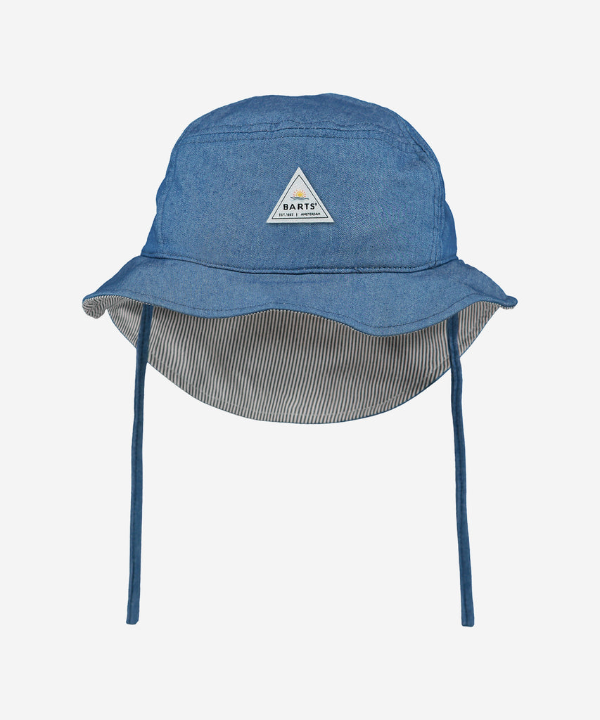 BARTS Summer Collection  Details: The Lune Bucket hat is a lined, cotton bucket hat with an extra long flap at the back to protect against the sun. The fabric in denim & white and sun-proof.   Sizing:  45cm - Age: 3M-1Y  47cm - Age: 1-1,5Y  Color: blue denim 