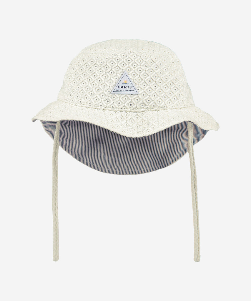BARTS Summer Collection  Details: The Lune Bucket hat is a lined, cotton bucket hat with an extra long flap at the back to protect against the sun. The fabric in denim & white is sun-proof.   Sizing:  45cm - Age: 3M-1Y  47cm - Age: 1-1,5Y  Color: white 