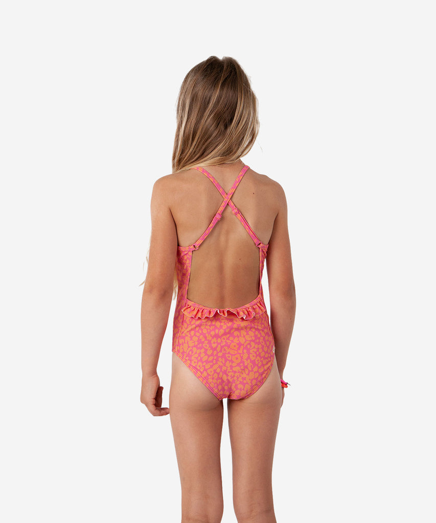 Details: The Delia One Piece comes in a terra - pink leopard print. The one piece has fancy ruffels at the back.  Color: orange pink  Composition: 75% Polyamide/Nylon 15% Elastane 10% Polyester  