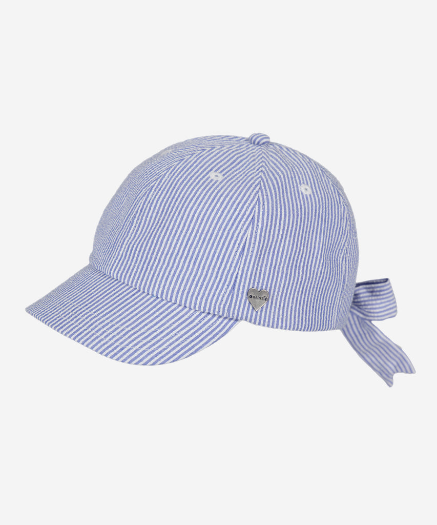 Details: The Flamingo Cap is a lined, cotton cap with a bow tie closure at the back for an adjustable fit.  Sizing:  50cm - Age: 1,5-3Y  53cm - Age: 4-8Y  Color: blue white  Composition: 85% Cotton 15% Polyester 