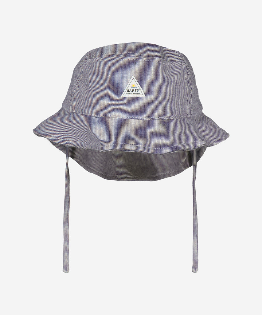 Details: The Nulee Buckethat is a striped bucket hat made of stretchy cotton. The hat has an extra long flap at the back to protect against the sun. The fabric is sun-proof.  Sizing:  45cm - Age: 3M-1Y  47cm - Age: 1-1,5Y  Color: blue navy  Composition: 96% Cotton 4% Elastane  