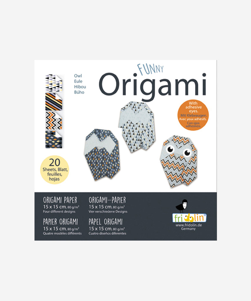 FRIDOLIN  FUNNY ORIGAMI - Owl Small Train your skills! Traditional folding task to train concentration and dexterity.  Size: (w/h): 15 x 15 cm (package)  Contains: 20 sheets of Origami-Paper 4 different paper designs