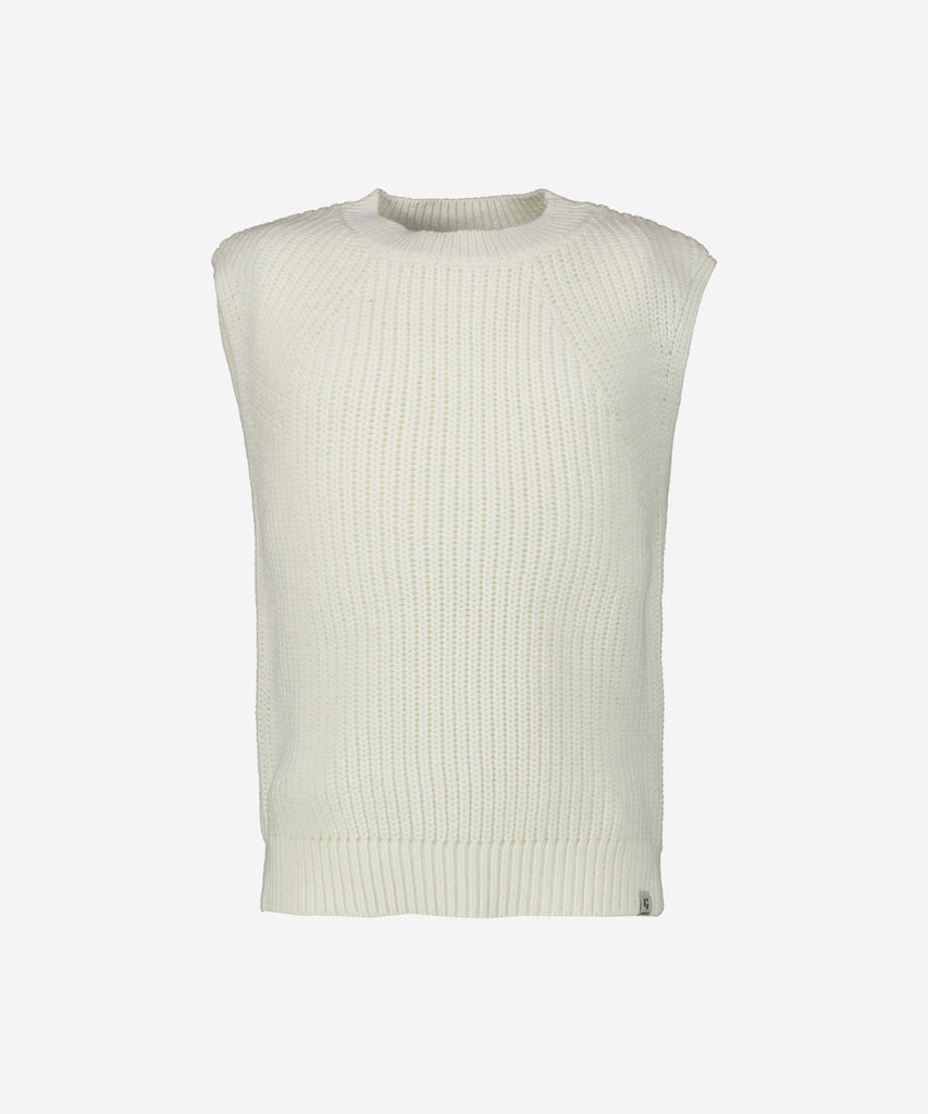 Details: Knitted sweater vest in off white.  Round neckline.   Color: Off white   Composition:  60% Cotton, 40% Acryl  