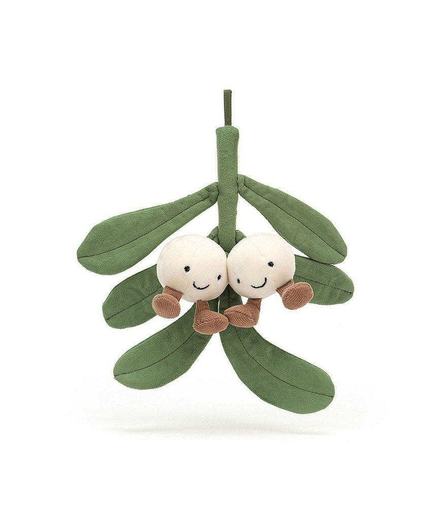 JellyCat London  Pucker up with these party poppets! Love cuddles and kisses? Amuseable Mistletoe is the cutest matchmaker! These suedey cream berries with cocoa cord booties sit on scrummy green leaves - they're always plotting how to make romance blossom!  Suitable from birth. 22 x 22 cm