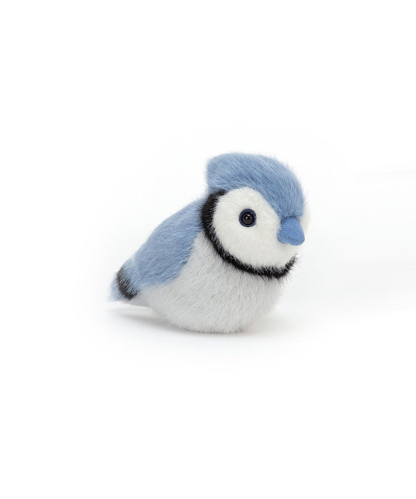 JellyCat London  A bird in the hand ... Birdling Blue Jay is a dashing chick with bright, curious eyes. Always on the lookout for bugs and fruits to snaffle with that blue suedey beak, this silky-soft forager makes a great pocket pet. Check out that snowy face, with bold black markings and plumy crest!  7 x 10cm  Suitable from birth. 