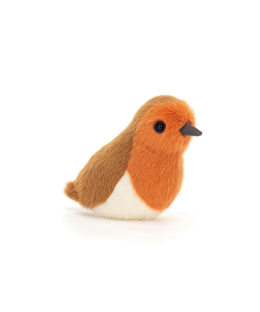 Simply trilliant! Birdling Robin is bright, bold and breezy, with beautiful block-colour fur! This perky pip has a cocoa tail, vanilla tummy and rust-red bib. With a suedey pebble beak and shiny eyes, this robin's a charismatic scamp. Perch this robin on your desk for plenty of pep!  10 x 7cm Suitable from birth.
