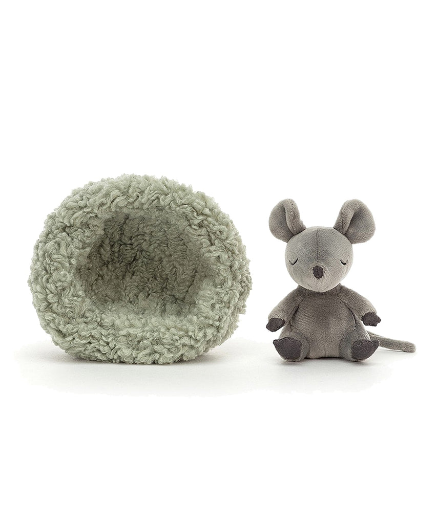 JellyCat London  Can you hear the teeniest, tiniest snores? Eating cheese before bed can give you odd dreams, but no one told Hibernating Mouse! This stretchy grey silly has munched lots of cheddar, and is dozing deeper than ever! Serenely snuggled in a mossy fleece bed, our petal-eared pip is so peaceful.