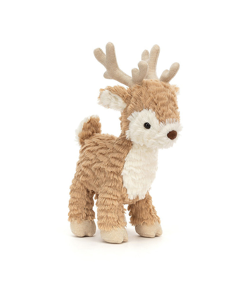 JellyCat London  Fawn to be wild!  Mitzi Reindeer is rumply-gentle, with tousled cream and caramel fur. A curious cutie, Mitzi stands tall on heart-shaped suedey hooves. With scrummily fluffy waggle ears, butterscotch antlers and a chocolate button nose, this petal-tailed poppet is a tufty treat!  8 x 29cm  Tested to and passes the European Safety Standard for toys: EN71 parts 1, 2 & 3 for all ages.  Suitable from birth.  