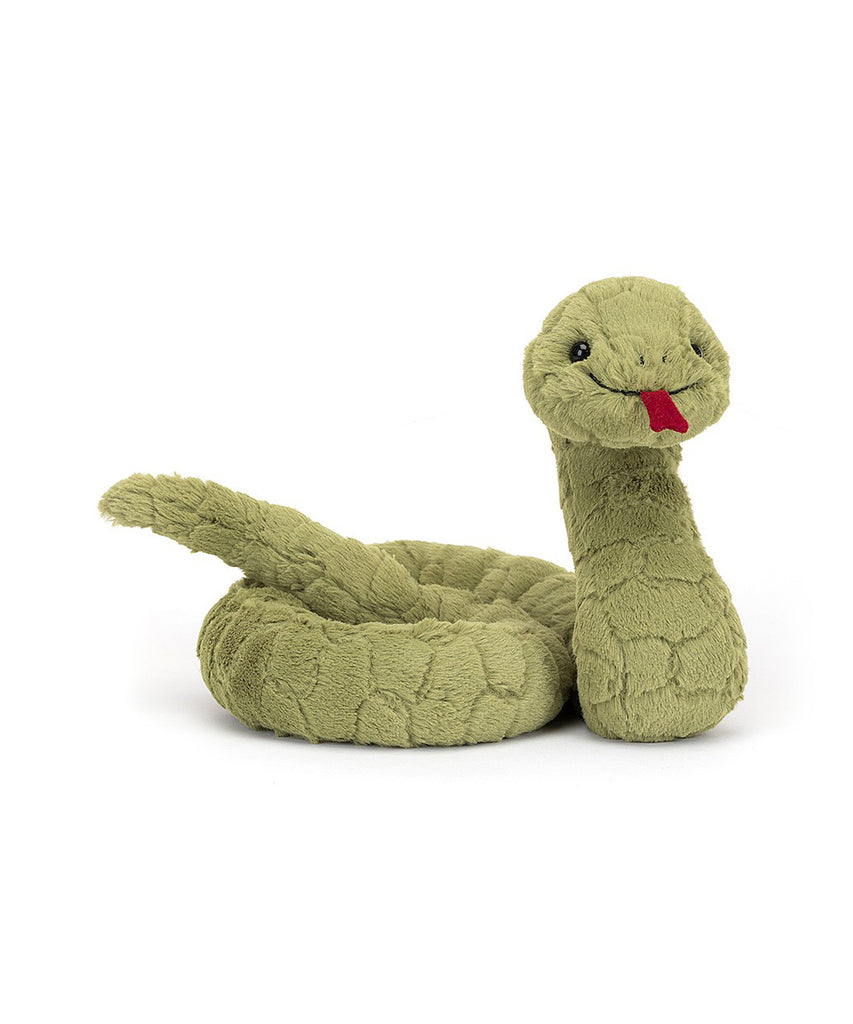 JellyCat London  Time to get a wriggle on!  Stevie Snake is such a cheeky chum - always doing bleps with that suedey red tongue! Curly and springy, this grassy snake loves to coil and cuddle in squishy-soft knots! With funky scale fur, a perky pose, bright black eyes and a curious smile, Stevie's an abssssolute sssssweetie!   18 x 5cm Tested to and passes the European Safety Standard for toys: EN71 parts 1, 2 & 3 for all ages. Suitable from birth. 