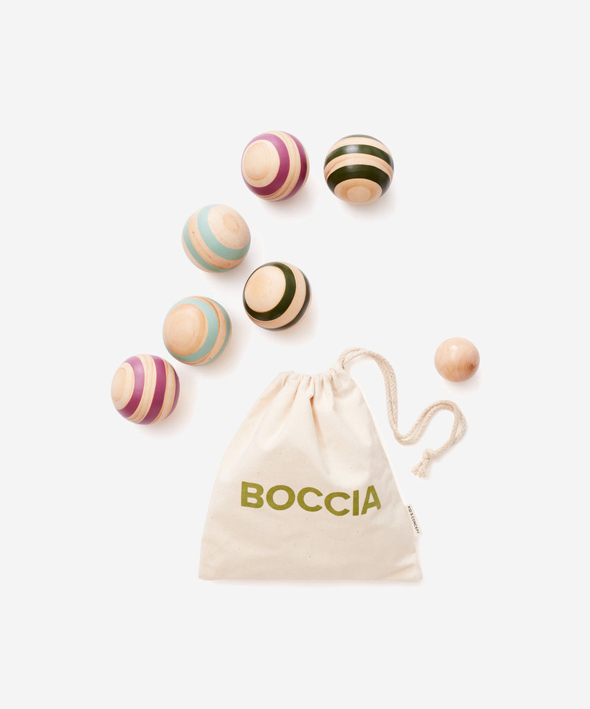 Kid's Concept  Let’s play Boccia! Perfect for the summertime out in the garden or at the beach. The size is made for the little hand so even the youngest can join in. Pick your favourite coloured balls and challenge everyone who dares. The basic principle of boccia is to throw the balls as close as possible to the little wooden ball. Boccia is played by 2-3 teams of 1-2 players in each team who try to earn points by throwing their boccia balls closest to the small ball. Game on. 