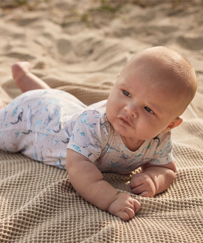 Details: Short sleeve baby-suit with all over print sea animals, push buttons and round neckline.  Color: Sand melange  Composition:  Organic Single Jersey 95% Cotton/ 5% Elastane  