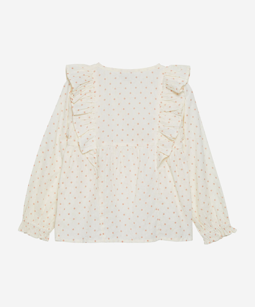 Details: Long sleeve woven Blouse with dots and frills. Round Neckline.  Color: seedpearl  Composition:  100% Cotton    