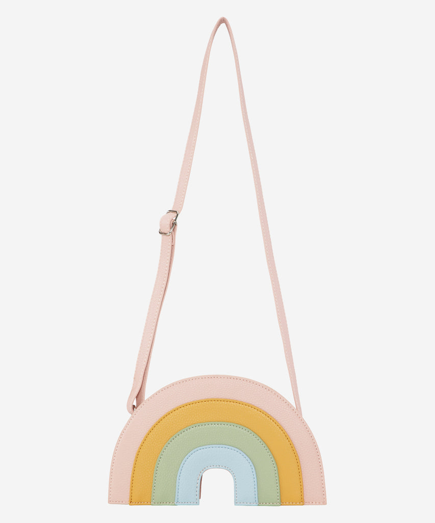 Details: Rainbow shaped cross body bag with zipper closure and adjustable shoulder strap.   Color: Rainbow  Composition:  100% Polyurethane 