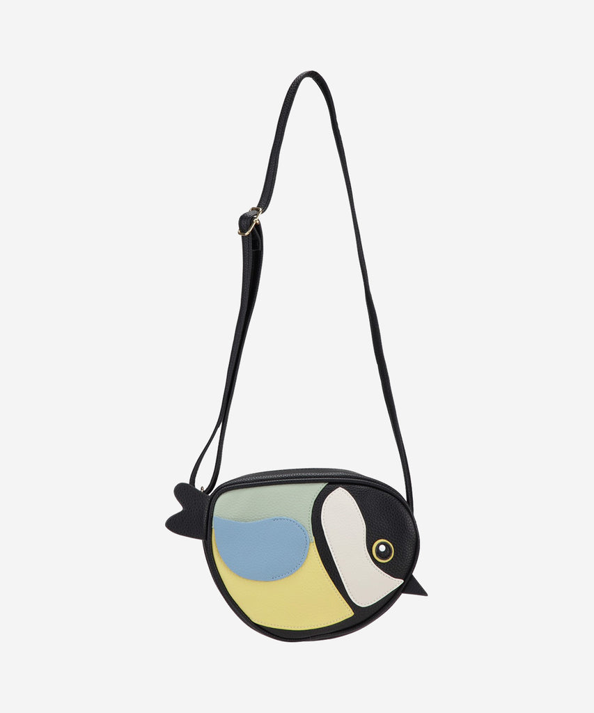 Details:  Bird shaped cross body bag with zipper closure and adjustable shoulder strap.  Color: Black 