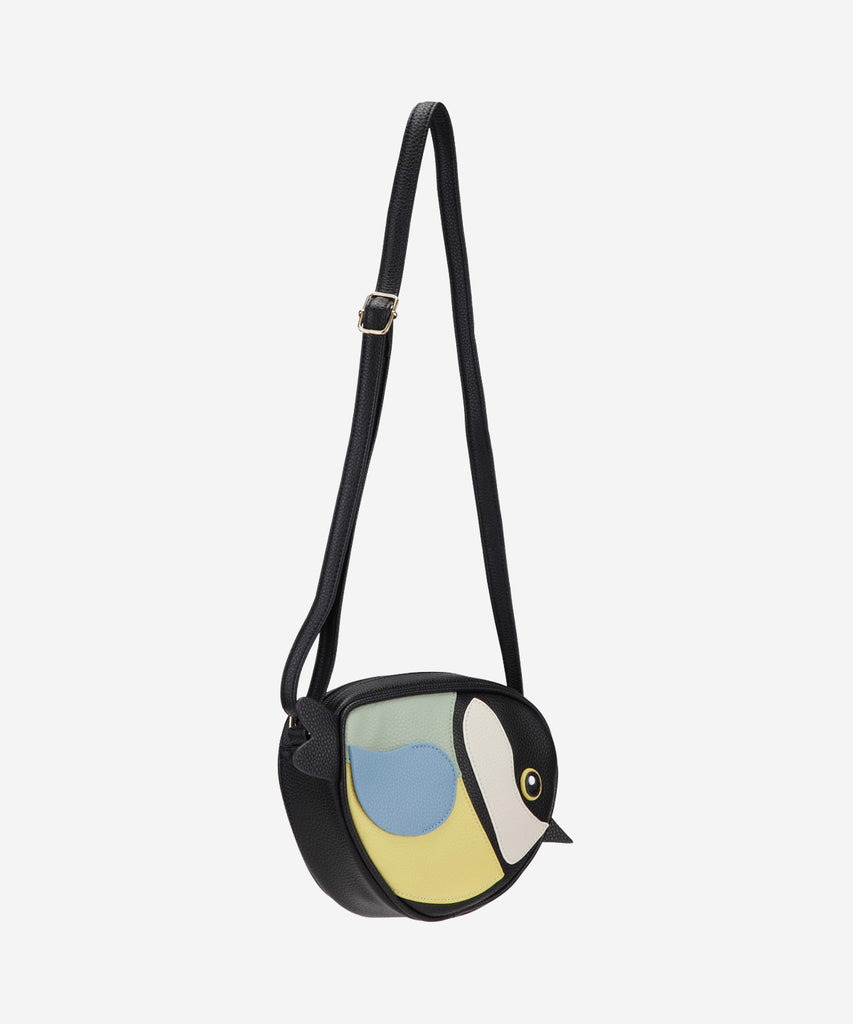 Details:  Bird shaped cross body bag with zipper closure and adjustable shoulder strap.  Color: Black 