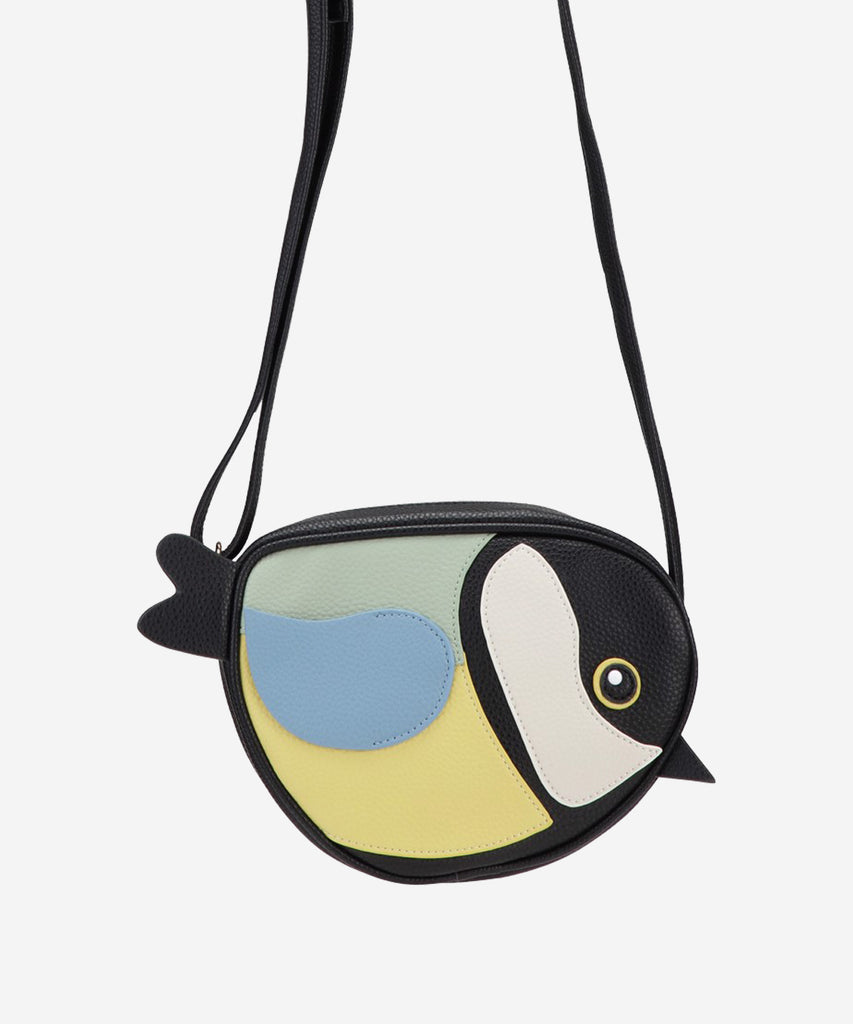 Details:  Bird shaped cross body bag with zipper closure and adjustable shoulder strap.  Color: Black 