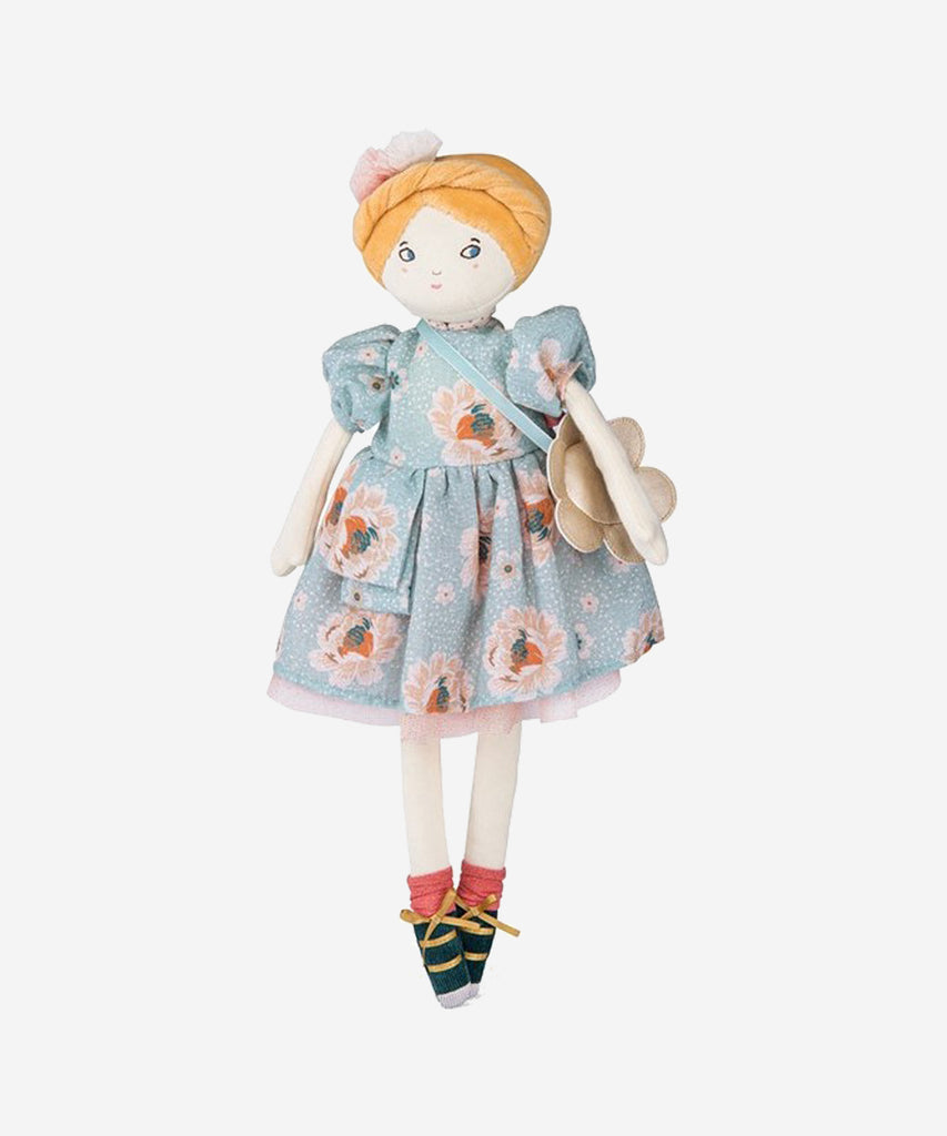 MOULIN ROTY Limited-edition Romantic Eglantine! She sports an elegant crown braid, a full- skirt midi dress and a little golden bag, surrounded by books and cups of tea. Doll with a swwet embroidered, screen-printed face which comes in a gift box illustrated by Lucille Michieli.