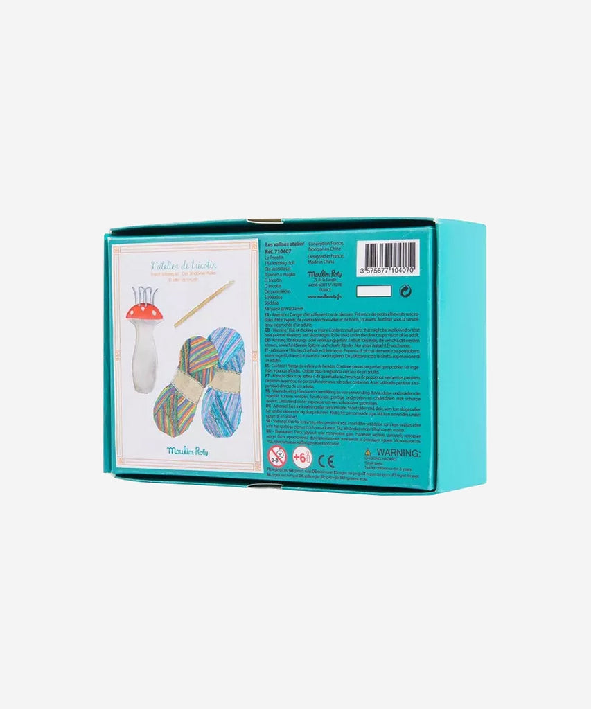 MOULIN ROTY  French knitting set with instructions, two balls of wool and a wooden French knitter, presented in an attractive illustrated matt-finish cardboard box. Learn how to do French knitting and make your first clothes and accessories in wool.  Contains: - 2 balls of wool in diff. colours - 1 wooden french knitter - wooden tool  Age: 6+ Color: blue  Size: 19,0 x 12,5 x 5,5 Composition: printed cardboard, wool, metal, wood