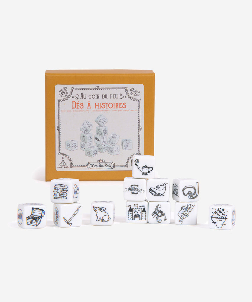 MOULIN ROTY   Details: Perfect for a cosy night in by the fire: 12 illustrated dice you can throw all at once or one at a time to make up a story together or by taking turns. There's no winner or loser, just lots of imaginative stories! 