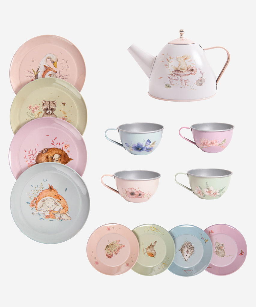 MOULIN ROTY  Metal Tea Set Case "Les Rosalies" Metal tea service in a carry-case, in refined pastel colours with florals & animals print. It contains:  - a teapot - 4 plates, - 4 tea cups  - with 4 matching saucers.  Collection's history Les Rosalies