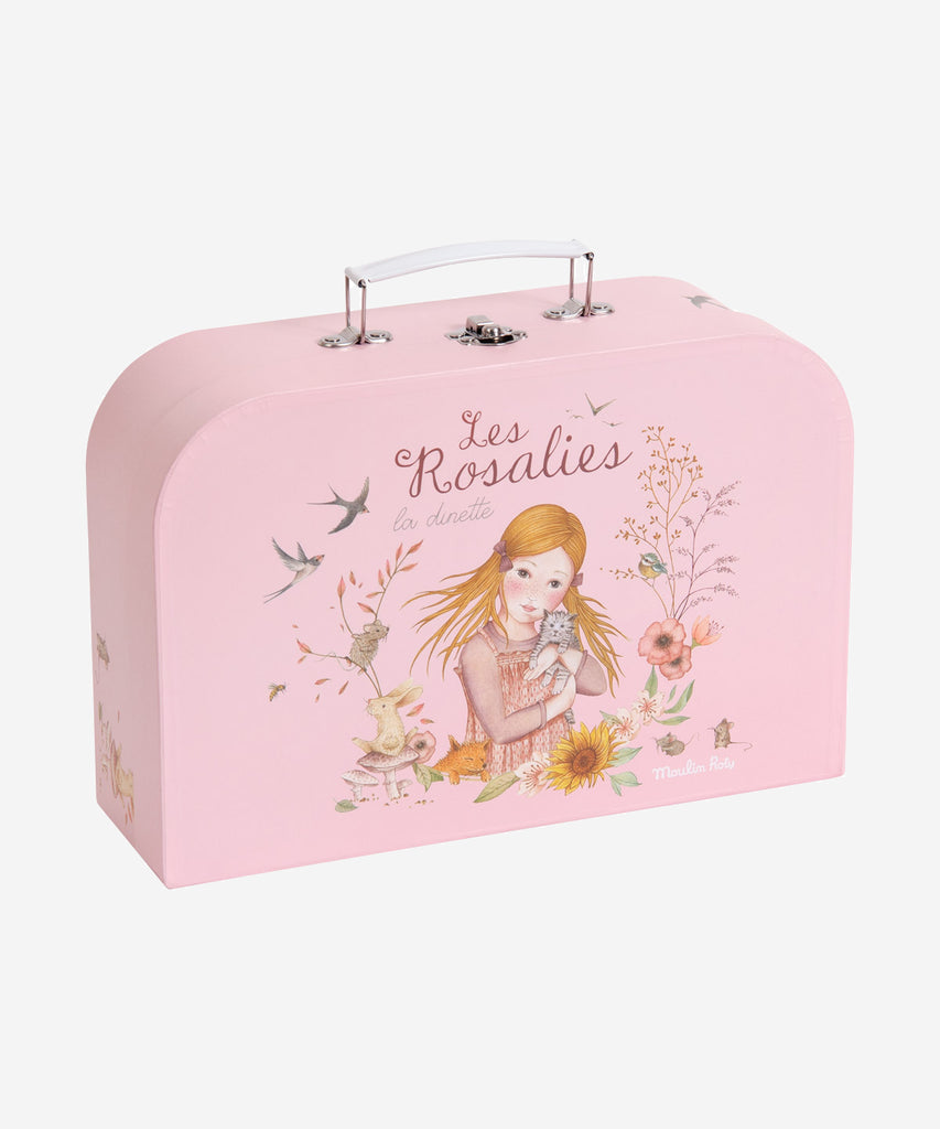 MOULIN ROTY  Metal Tea Set Case "Les Rosalies" Metal tea service in a carry-case, in refined pastel colours with florals & animals print. It contains:  - a teapot - 4 plates, - 4 tea cups  - with 4 matching saucers.  Collection's history Les Rosalies