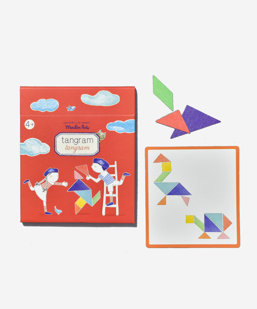 MOULIN ROTY  Magnetic tangram to develop skills of logic and thinking. Try to reproduce the shapes shown on the 9 double-sided cards on the magnetic board by putting together the different-shaped pieces of the tangram.  Age: 3+ Color: multi red Size: 18cm Composition: carton imprimé, plaque aimantée 