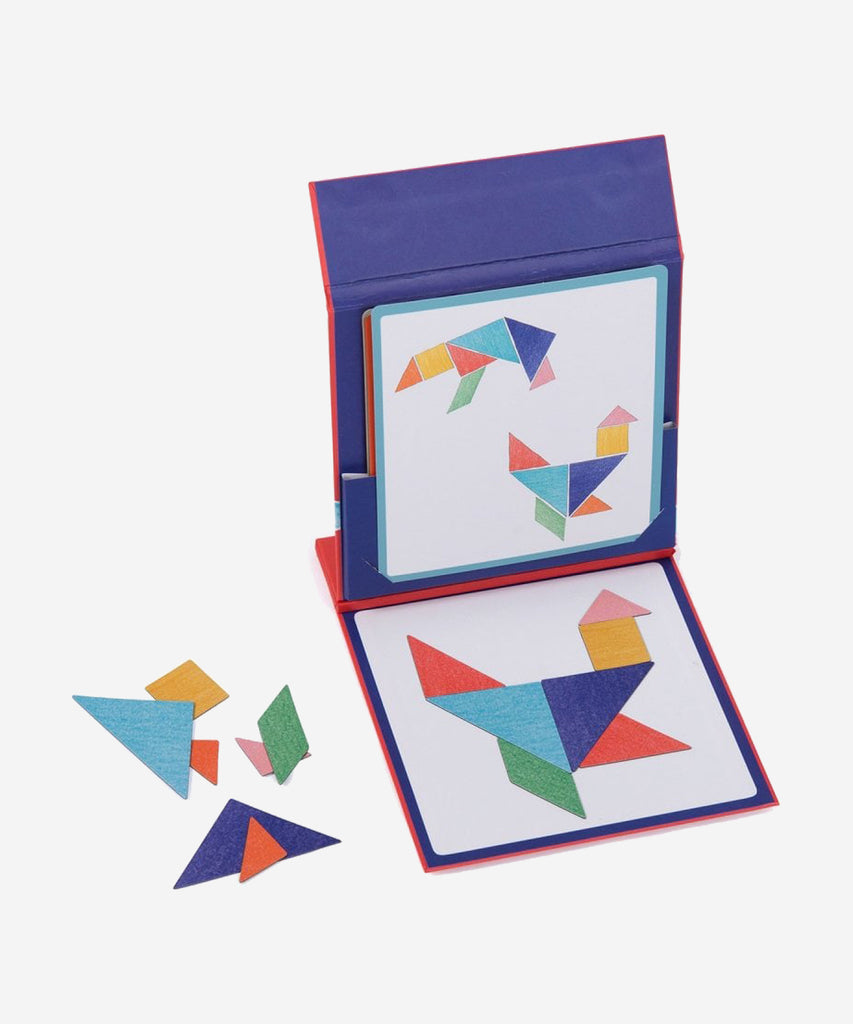 MOULIN ROTY  Magnetic tangram to develop skills of logic and thinking. Try to reproduce the shapes shown on the 9 double-sided cards on the magnetic board by putting together the different-shaped pieces of the tangram.  Age: 3+ Color: multi red Size: 18cm Composition: carton imprimé, plaque aimantée 