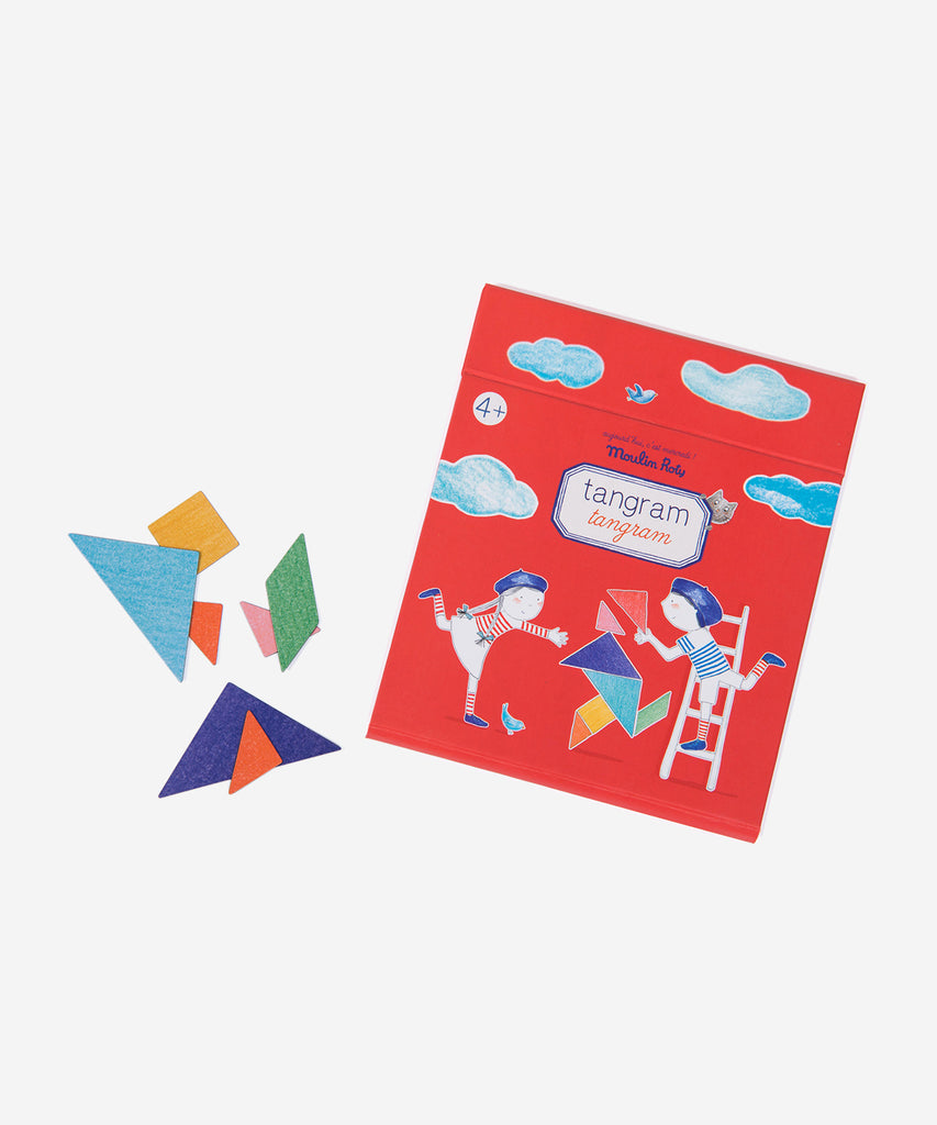 MOULIN ROTY  Magnetic tangram to develop skills of logic and thinking. Try to reproduce the shapes shown on the 9 double-sided cards on the magnetic board by putting together the different-shaped pieces of the tangram.  Age: 3+ Color: multi red Size: 18cm Composition: carton imprimé, plaque aimantée 