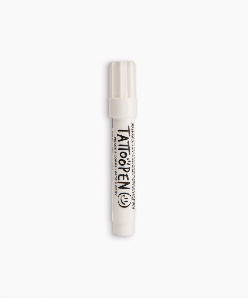 Nailmatic   TEMPORARY FELT PEN in White for face & body.   Vegan, Cruelty-free.   This is a unique concept: embrace TATTOOPEN’s drawing adventures for a new creative journey! This white felt pen enables you (and them) to create washable temporary tattoos. A great way to explore skin art. Hop on an exclusive creative adventure with our easy-to-use temporary tattoo pen Quick-dry, washes away with soapy water. Made with up to 60% water