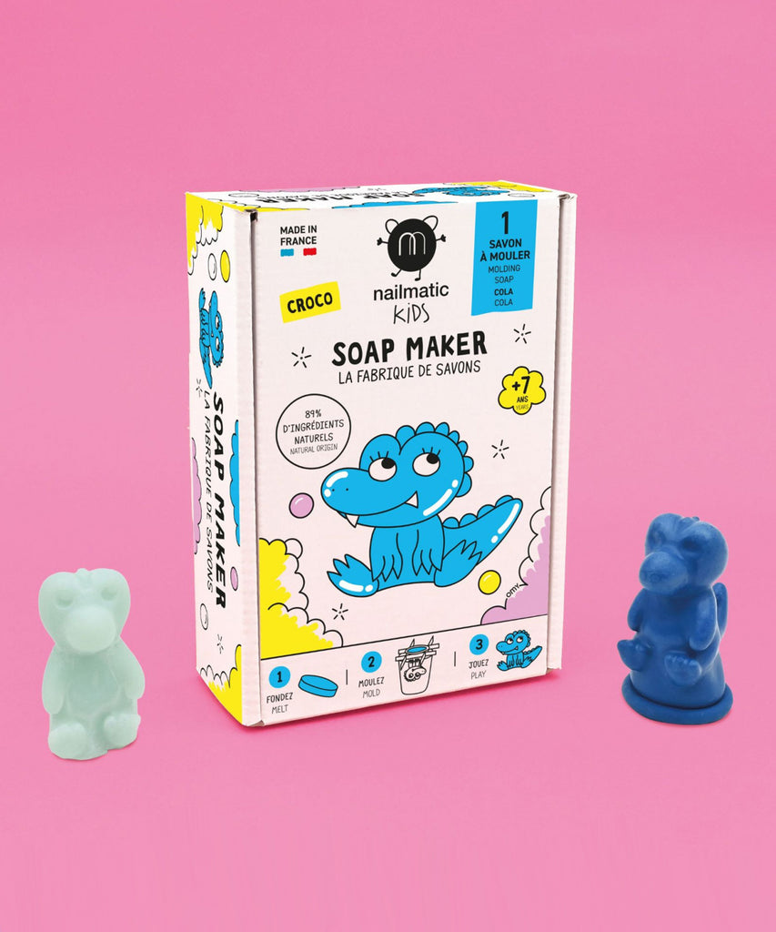 Nailmatic  Preservative-free, Vegan, Cruelty-free.  With Soap maker Croco, you can create 1 crocodile shaped soap that smells cola. Kids will happily jump in the daily cleaning routine!  This DIY Kit enables you to make 1 soap designed for hands and body. Made with 89% ingredients of natural origin. Kit suitable for kids aged 7 and over. Made in France.