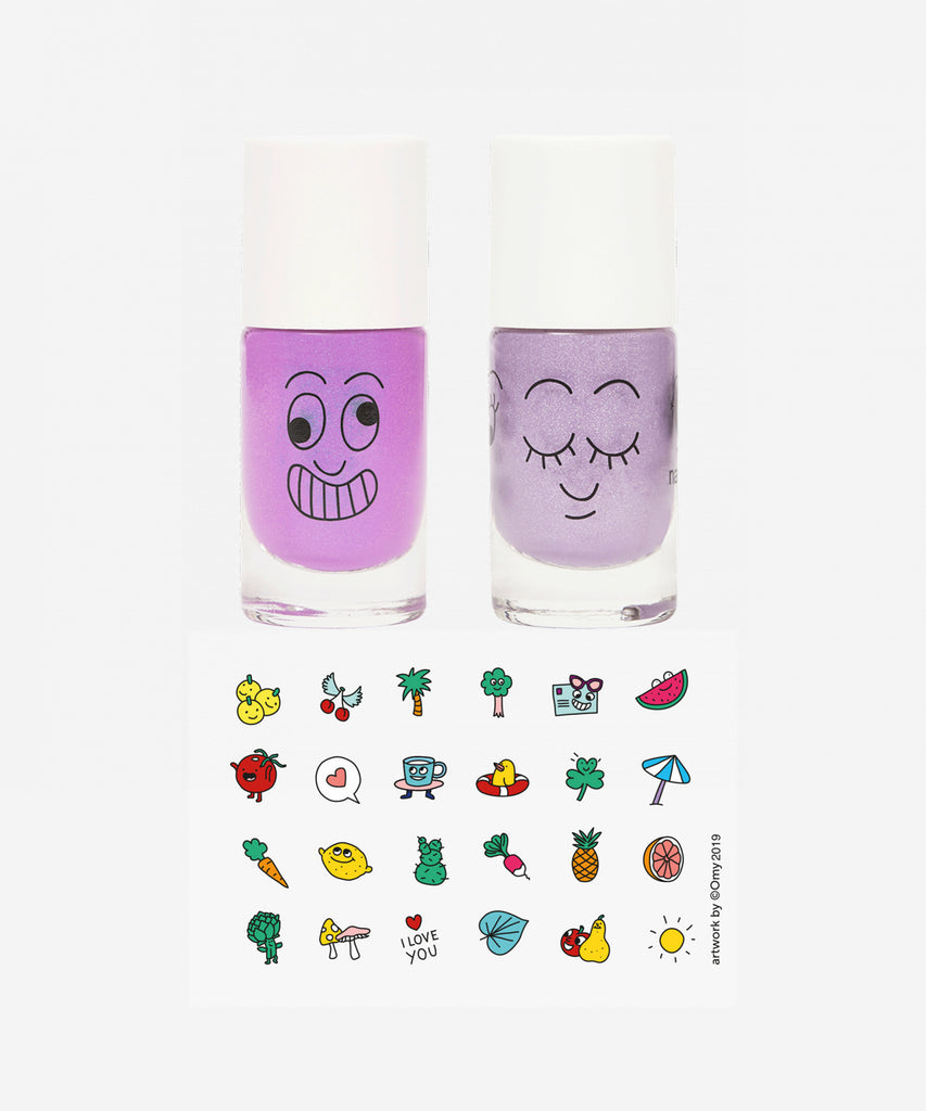 Nailmatic Nail polish and stickers Made in France, Vegan, Cruelty Free.  Straight out of a fairy tale, this duo of kids' nail polishes is a dream-gift. With its sticker sheet, stories unfold like magic… So WOW !  Dream-gift alert with this Kids set: - 2x 8ml water-based nail polishes : Marshi (pearly neon lilac) + Piglou (glitter lilac) - 1 sheet of 24 nail stickers for children with colourful designs. 