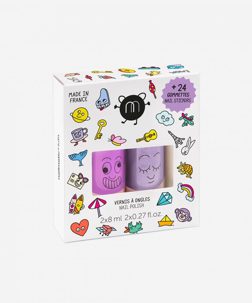 Nailmatic Nail polish and stickers Made in France, Vegan, Cruelty Free.  Straight out of a fairy tale, this duo of kids' nail polishes is a dream-gift. With its sticker sheet, stories unfold like magic… So WOW !  Dream-gift alert with this Kids set: - 2x 8ml water-based nail polishes : Marshi (pearly neon lilac) + Piglou (glitter lilac) - 1 sheet of 24 nail stickers for children with colourful designs. 