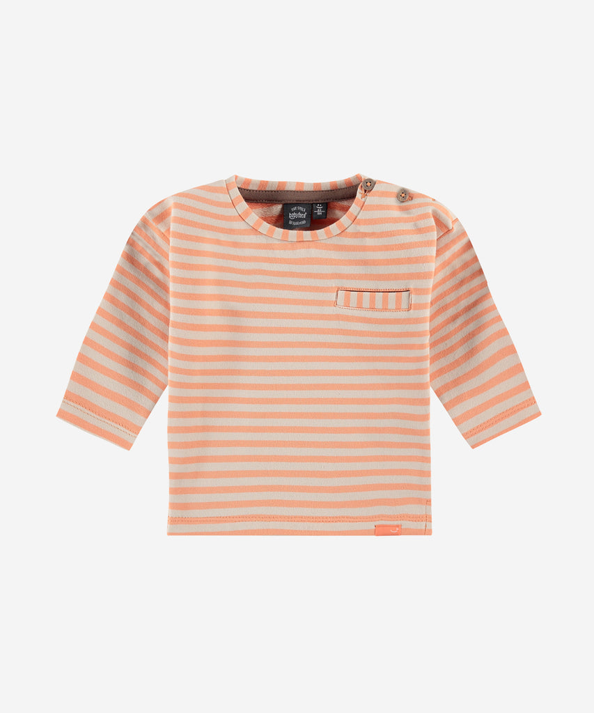 Details: Sweatshirt with stripes and a pocket on the front. Easy opening with 2 buttons on side of the collar. Round Neckline.  Color: neon orange  Composition:  95% cotton/5% elasthan  