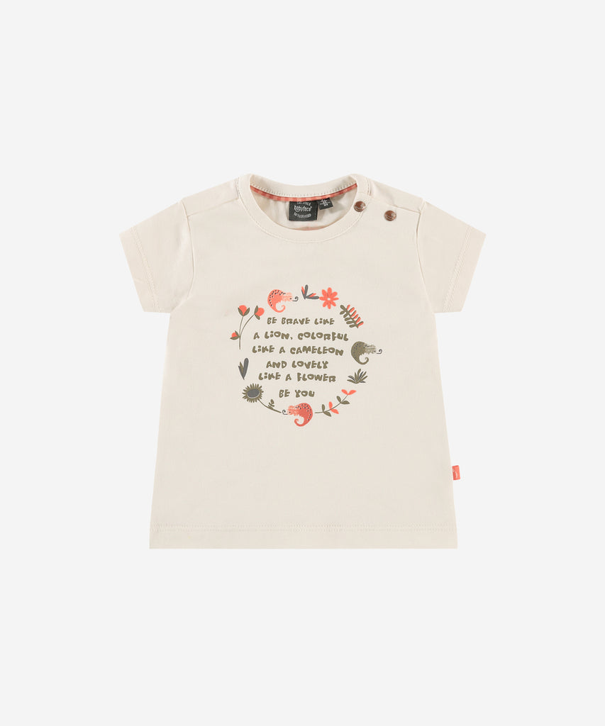 Details: Short sleeve t-shirt with a flower circle print on the front. Easy opening with 2 push buttons on side of the collar. Round Neckline.  Color: ivory  Composition:  95% cotton/5% elasthan  