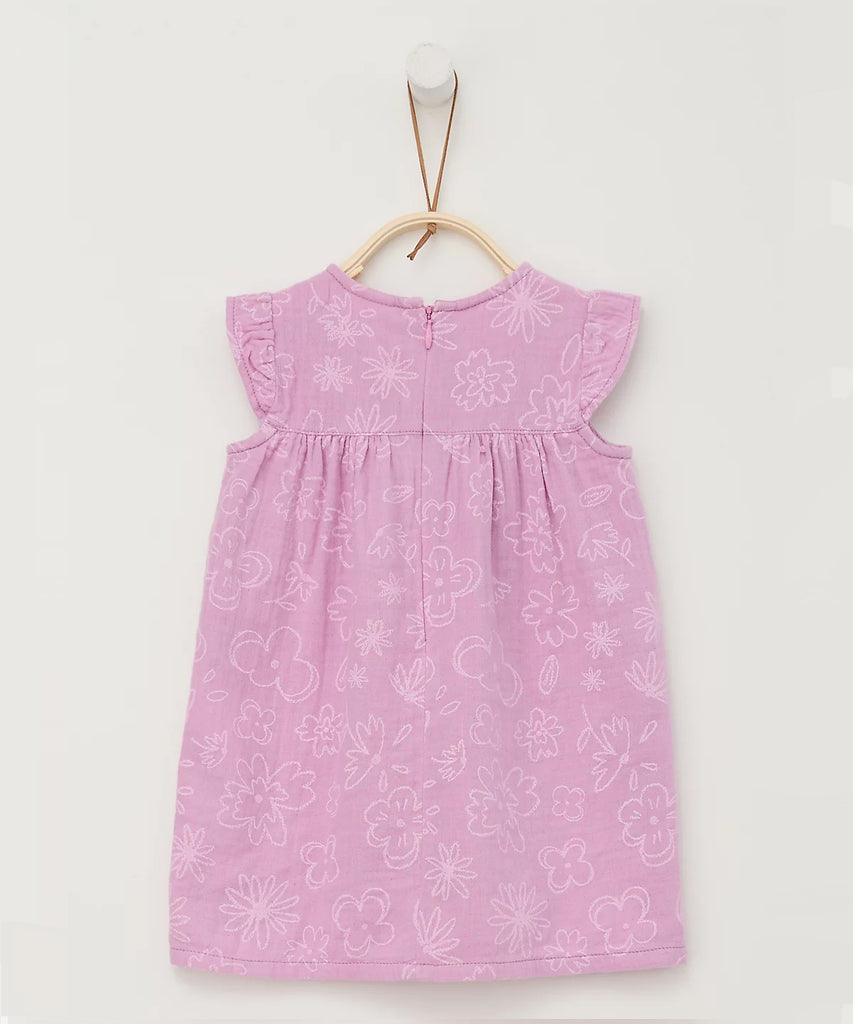Details:  Short sleeve dress with all over flowers printed. Round neckline.  Color: Lilac pink  Composition:  CO100%