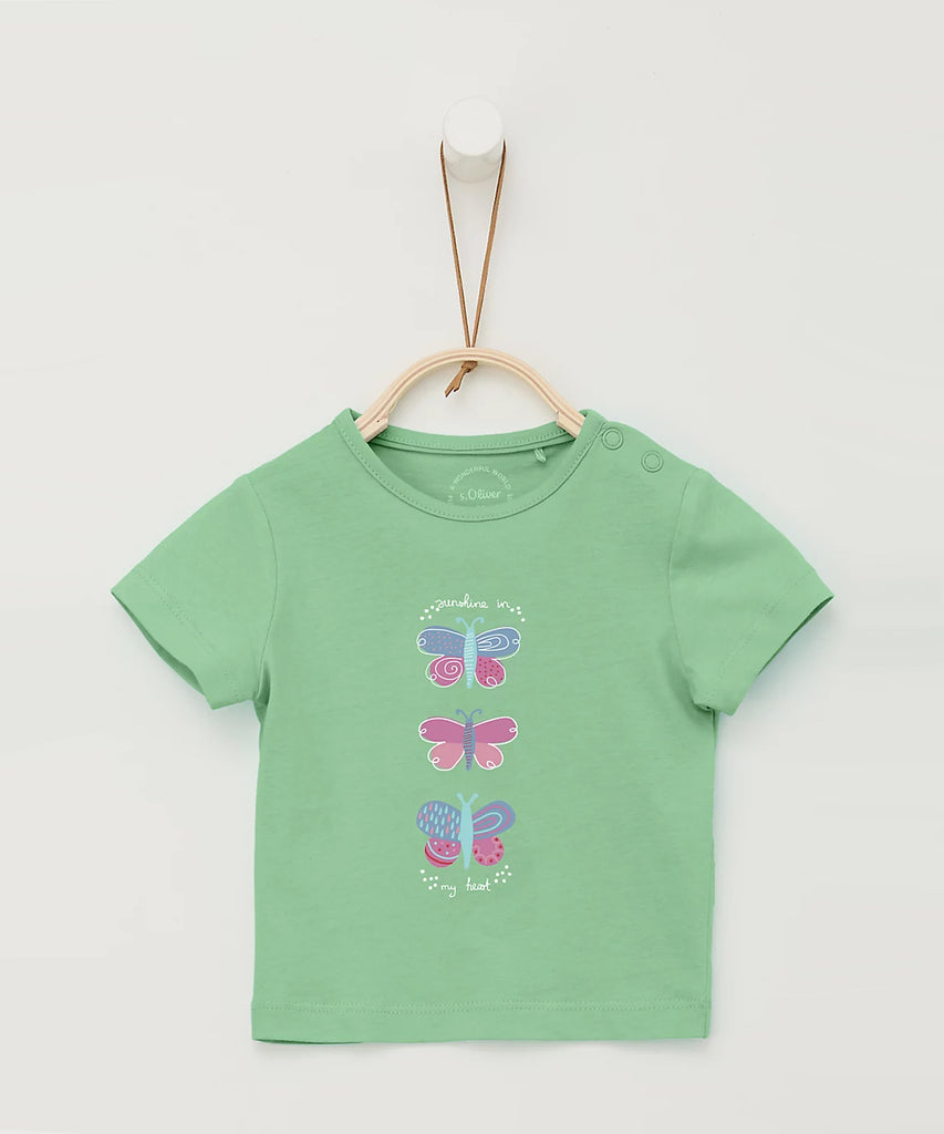 Details: Short sleeve T-Shirt  with butterflies. Round neckline. Pushbuttons on shoulder for easy on and off.   Color: Fresh green  Composition: CO100%   