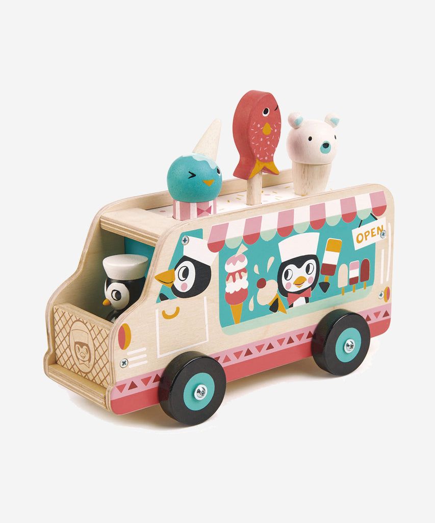 Tender Leaf®  A quirky gelato ice cream van driven by a couple of pesky penguins...removable lid and 3 sweet ice creams to bring out and stand on top of the roof. Penguin Driver is also  Includes: truck, 1 penguin, 3 ice creams  Age: 18M +  Size: 21.7 x 10 x 17.3cm Composition: sustainable and/or recycled wood 