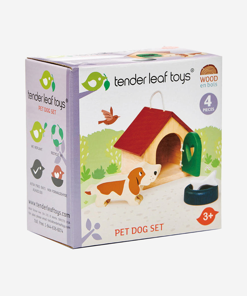 Tender Leaf®  A charming basset hound dog with a bowl and a bone. Pretty kennel with opening door and carry handle. Suitable for all the wooden dolls houses, as scaled to 1:12.   Includes: 19 wooden animals, 1 tree.  Age: 3 Years and older    Size: 7.7 x 12 x 6.5cm  Composition: wood 