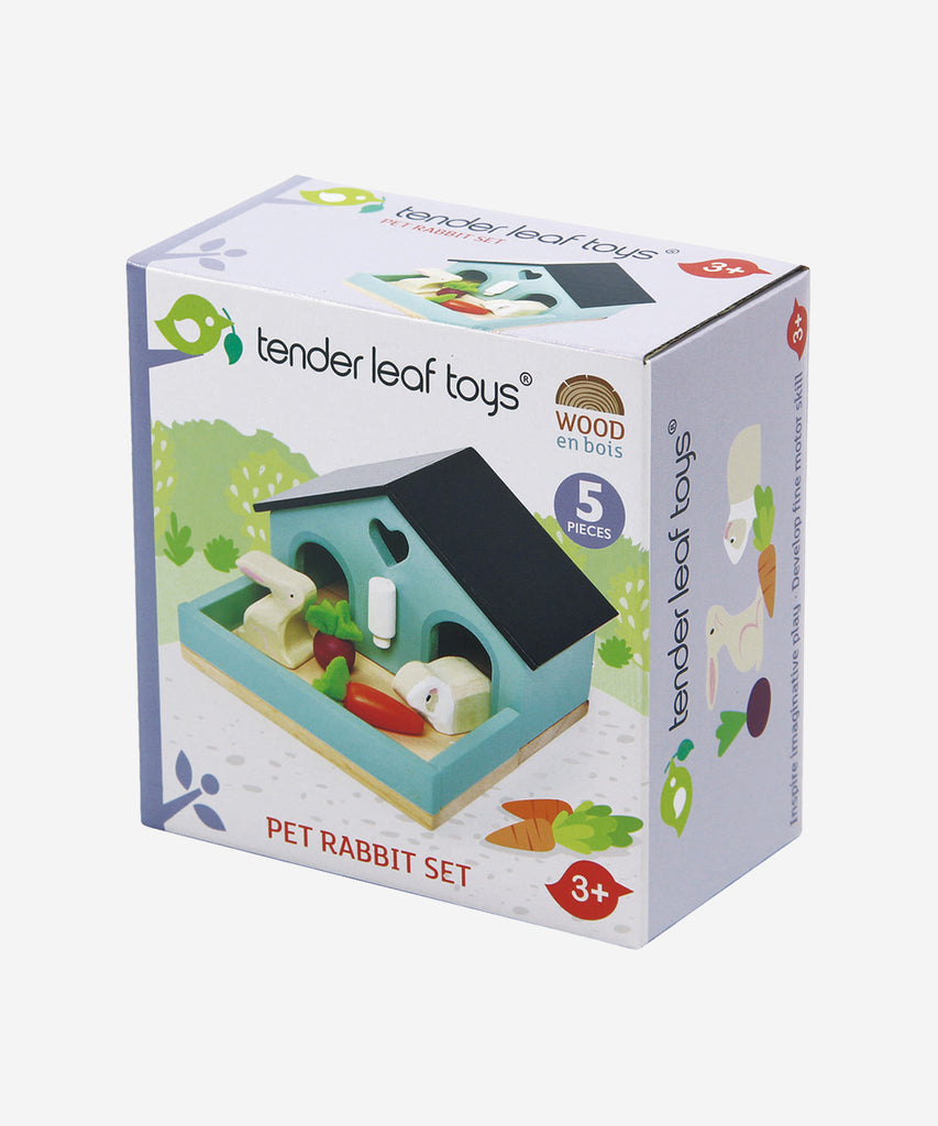 Tender Leaf®  A grand rabbit and guinea pig hutch complete with water bottle, and carrot and turnip.   Includes: 1 hutch, 1 rabbit, 1 guinea pig, 1 carrot, 1 turnip   Age: 3 Years and older    Size: 7.7 x 12 x 6.5cm  Composition: sustainable and or recycled wood 