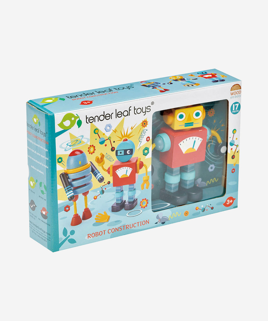 Tender Leaf®  3 brightly colored and retro style robots made from solid rubber wood that all come apart so that they can be reconstructed in a variety of ways for creative play.   Age: 3 Years and older  Size: Box 12.5 x 32 x 13cm Composition: sustainable and/or recycled wood 