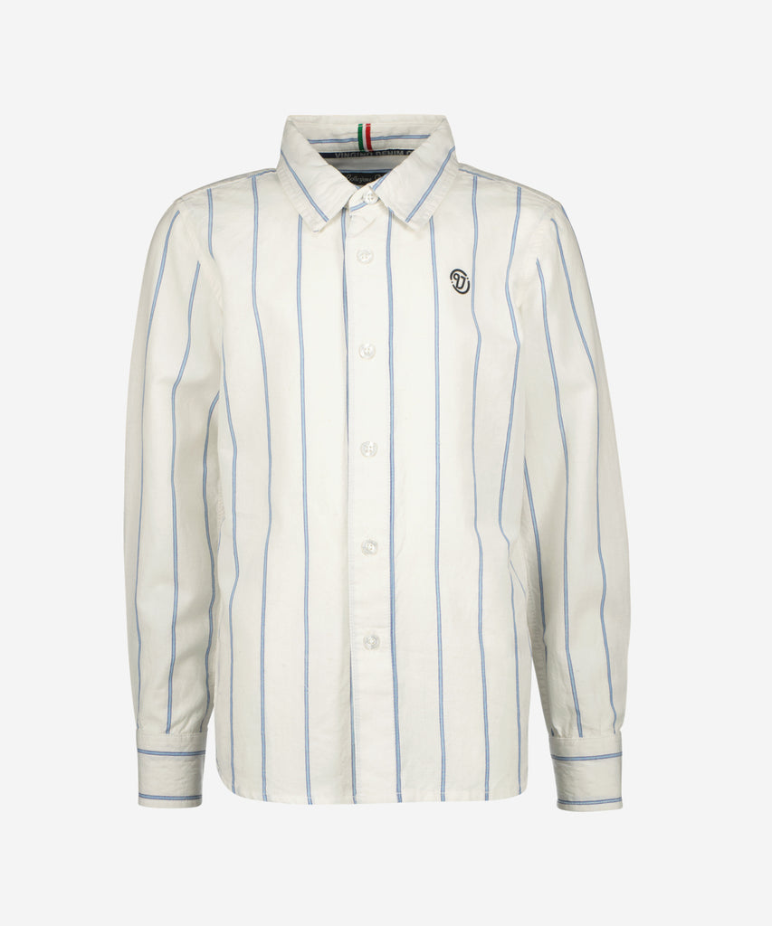 Details: White woven long sleeve shirt with blue stripes and buttons.  Color: white  Composition: 100% Cotton   